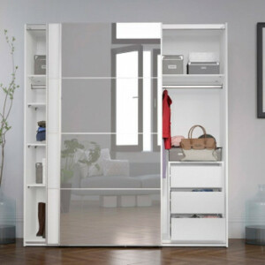 Verona Garderobeskab 182 cm. m/2 skydelåger (Softluk) Hvid laminat/Spejl, m/skuffesektion og 3 xtra hylder