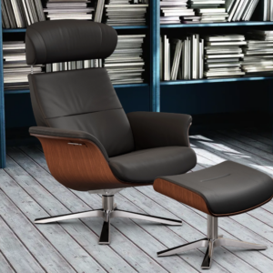 Timeout Hvilestol m/Skammel. Fantasy Black Leather, m/Valnød sider, Krom Stel