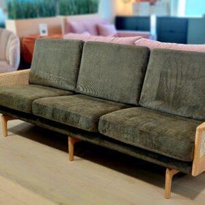 Egsmark Cane Webbing 3 pers. sofa. Dessin 316 Cordufine , Pine Green Armlæn I Lakeret eg