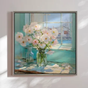 Håndlavet maleri med ramme - Flowers in the Window I - Mixed media
