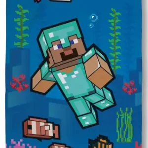 Minecraft badehåndklæde - 70x140 cm - Blå børnehåndklæde med Minecraft figurer - 100% Bomuld