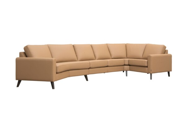 Burhéns Twist - Toledo læder Camel. Spec. opstilling med 30 gr. open end venstre og rund 90 gr. hjørne Højre. (355 x 173 cm.) Ben Dark Brown