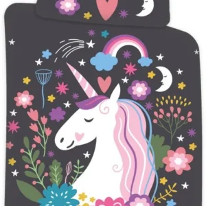 Junior enhjørning sengetøj 100x140 cm - Sengetøj med unicorn - 2 i 1 design - 100% bomulds sengelinned