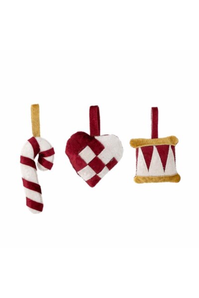 Velua Ornament, Rød, Polyester, Candy cane, trumme, julehjerte, H7xW6/H8xW9/H11xW5 cm, Sæt á 3